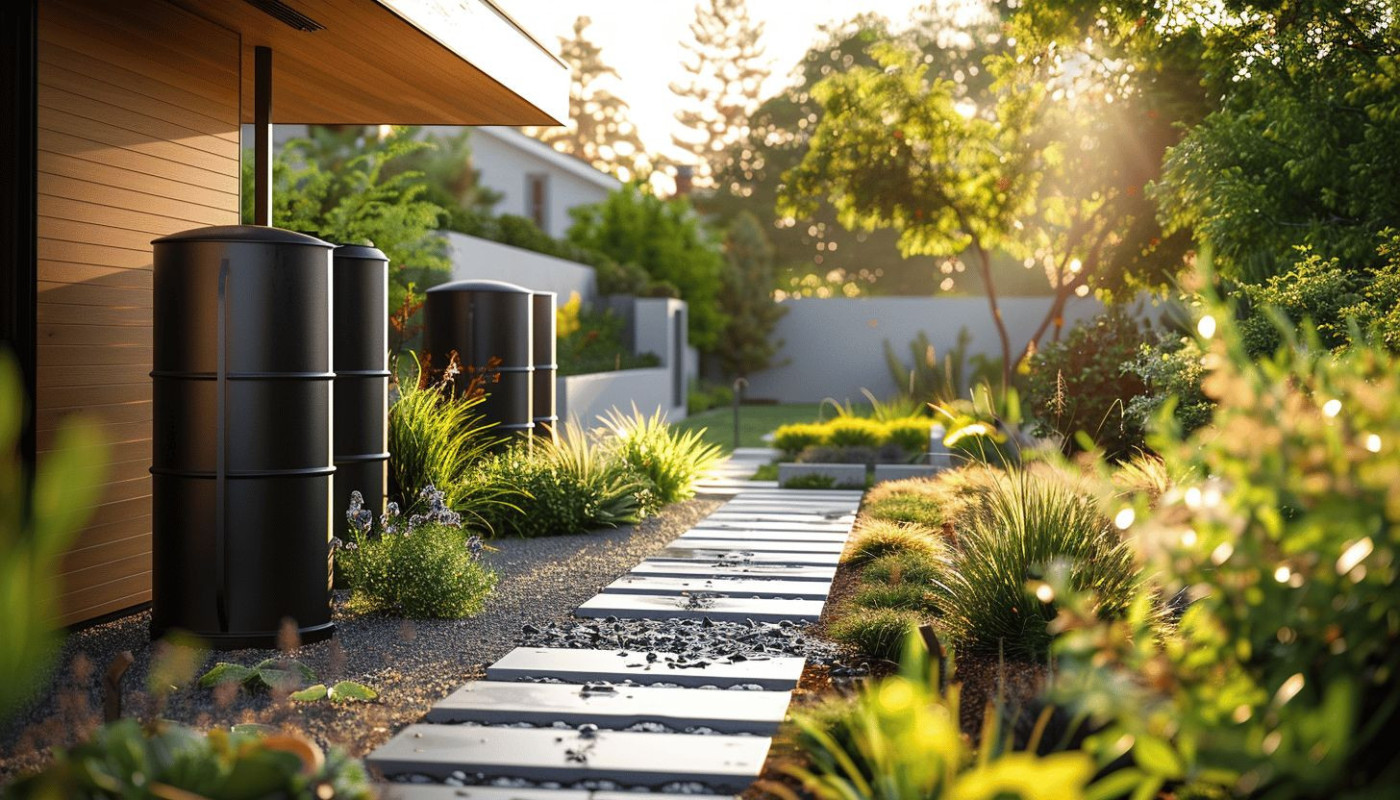 Installation de récupérateurs d'eau de pluie pour jardins économes et écologiques